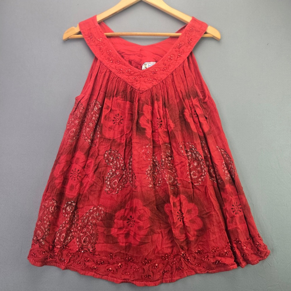 Just Cruising Tunic Top Paisley Floral Sequin Red Free Size Vintage Boho Rayon